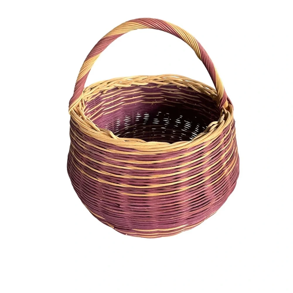Vintage Hand Woven Round Reed Basket. Purple and Natural Color Striped. 9